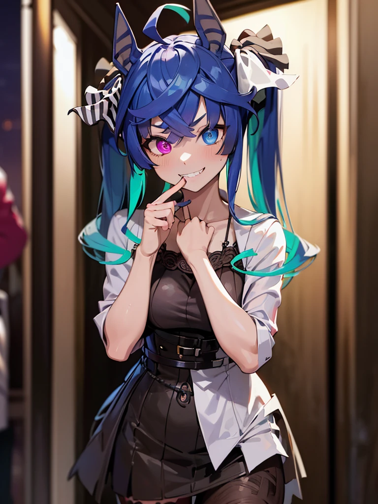 (Masterpiece, best quality, high res、highly detailed cg: 1), ‘Looking for a hooker?’ and a prostitute invites a man to join her. The scene is dominated by a prostitute touting on a quiet, deserted street at night. She is flirtatious with an upward glance. Twin_Turbo_Umamusume, aqua hair, twintails, heterochromia, purple eyes, blue eyes, sharp teeth, nsfw, short stature, grin