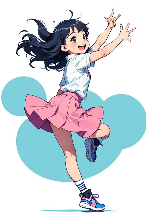 A cute, happy drawn in motion. Looking to the side reaching forward. The hand points to the right. Cute ink sketch style illustration in Cheerful colors. Full body. Hands up right. A nine-year-old GIRL. The girl wears a skirt and a long-sleeved shirt. White background.