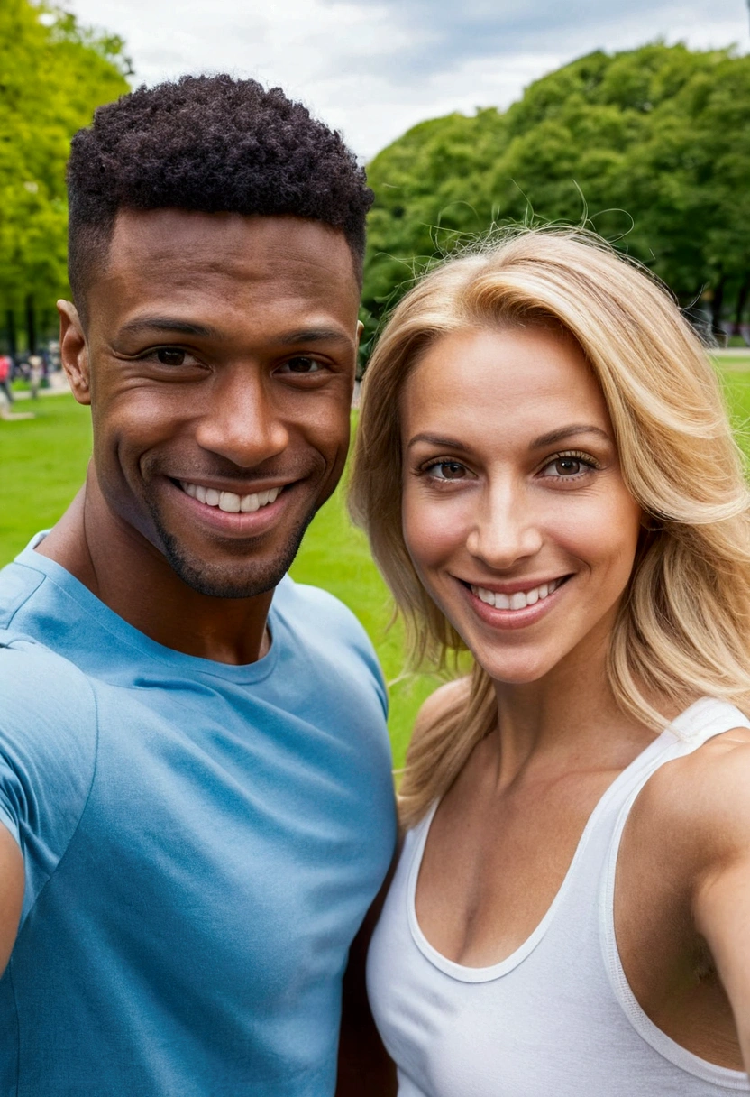 Beautiful brown-haired woman, 38 years old, with blonde dyed hair taking selfie with muscular young black-haired Caucasian man, looking at camera and smiling in the park