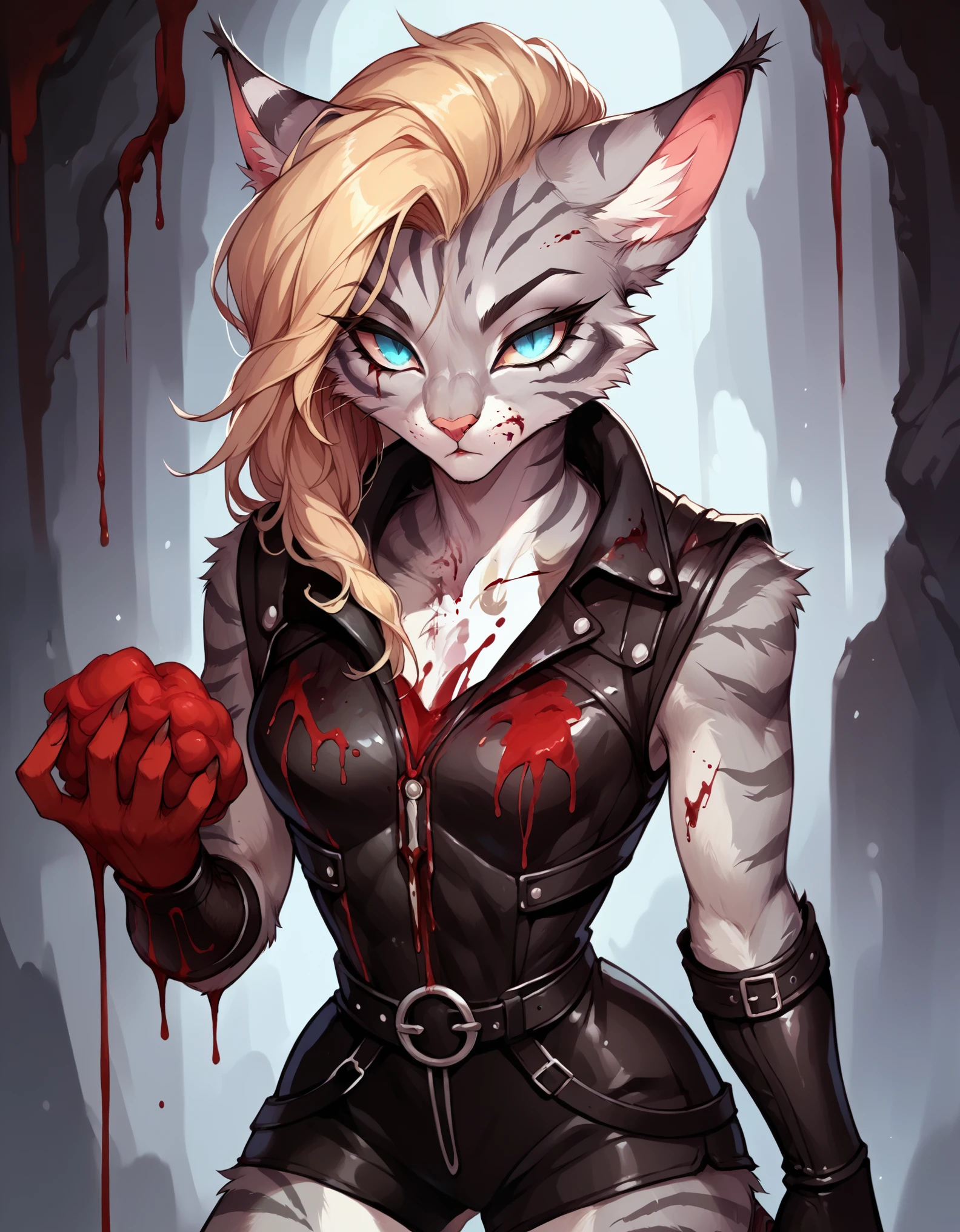 score_9,score_8_up,score_7_up, score_6_up, score_5_up, source_anime, flat colors, no shading, Kat, Anthro furry feline, silver fur, grey stripes on body, blue eyes, long blonde hair, undercut hair, one side of hair shaved, pink nose, :3, wearing black leather armor vest, black cuirass, black short shorts, holding a blood covered knife, face covered in blood, furrowed eyebrows, expressionless, soulless eyes, (bloody face):2, blood_covered, blood on clothes