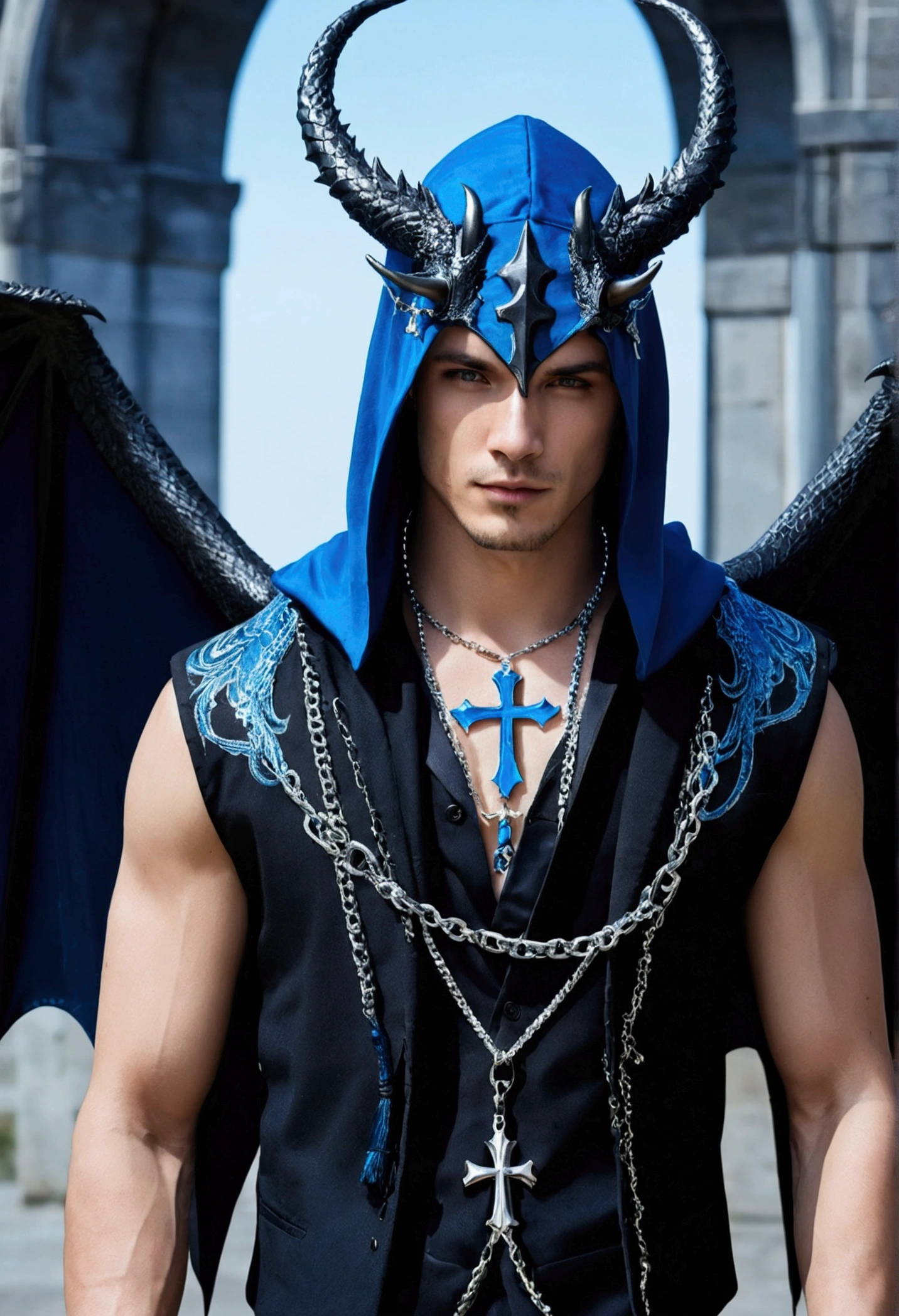 homen, black and blue hair, best quality,open chest vest, blue and black clothes, Dragon Wings, black cloth on face, silver cross chain on neck, black hood with blue horns
