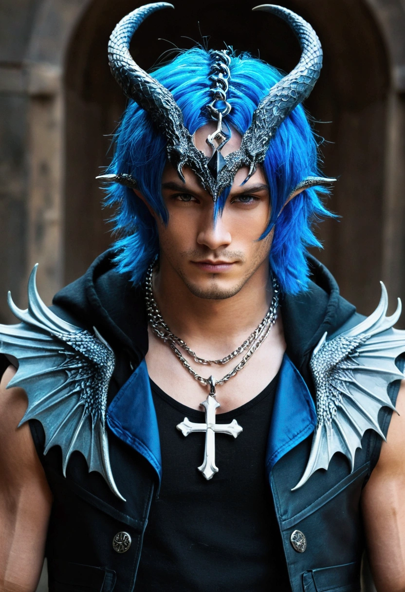 homen, black and blue hair, best quality,open chest vest, blue and black clothes, Dragon Wings, black cloth on face, silver cross chain on neck, black hood with blue horns
