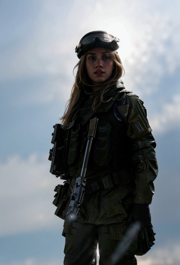 A beautiful 20-year-old female military leader, with blonde hair and blue eyes, proudly raising a magnificent French flag towards the sky, set on a battlefield, (best quality,4k,8k,highres,masterpiece:1.2),ultra-detailed,(realistic,photorealistic,photo-realistic:1.37),highly detailed military uniform, proud and determined expression, dynamic battle scene, dramatic lighting, dramatic sky, cinematic composition,epic,dramatic 1920x1080 Big angle