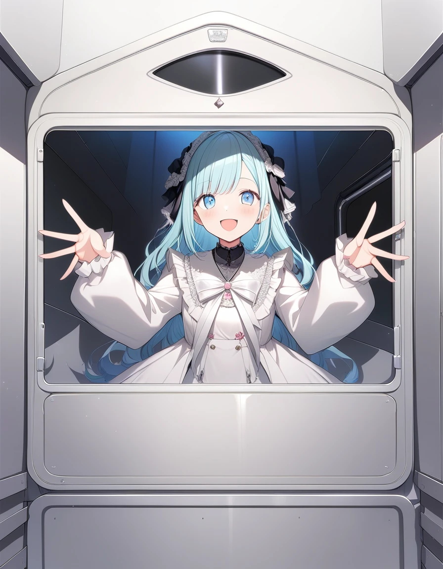 1 girl, venDiDo, absurDos, official art, absurDos, VSPO!, Tsumugi Kokage, ;D, contra la cuarta pareD, contra viDrio, blue eyes, For the blue, flequillo contunDente, prensa De mejillas, escritura De viDrio, long sleeves, miranDo al espectaDor, un ojo cerraDo, smile, Alone, Parte superior Del cuerpo, Youtuber virtual, ((very aesthetic, mejor caliDaD, ultra DetallaDo)), classification:safe,

