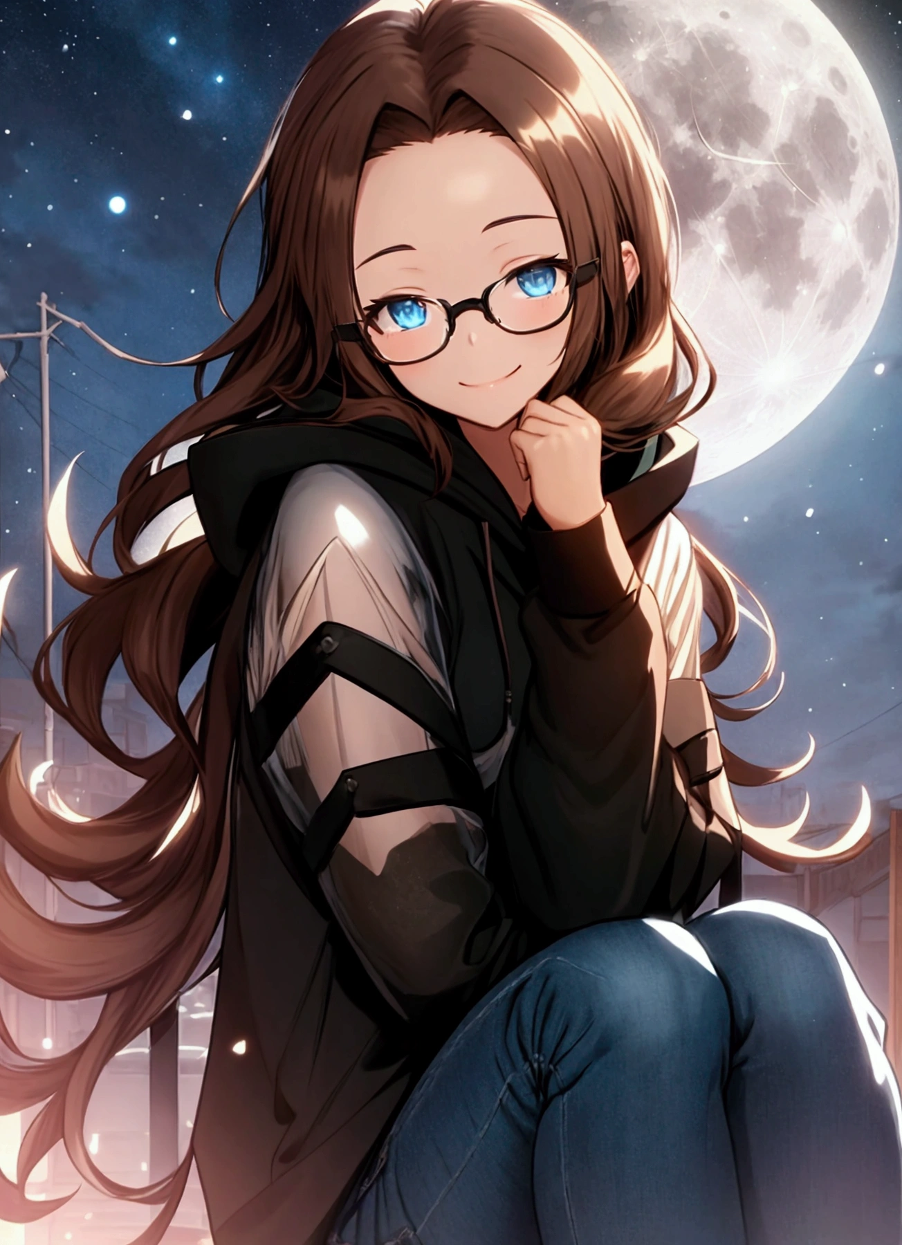 Alone, One person, Anime woman (shoulder length brown hair, blue eyes, black hoodie, jeans, dark framed glasses, clear forehead, smiling) . Sitting on a flowering meadow at night. Glowing musical notes fly around her. A white grand piano stands in the background. Full moon in the night sky.