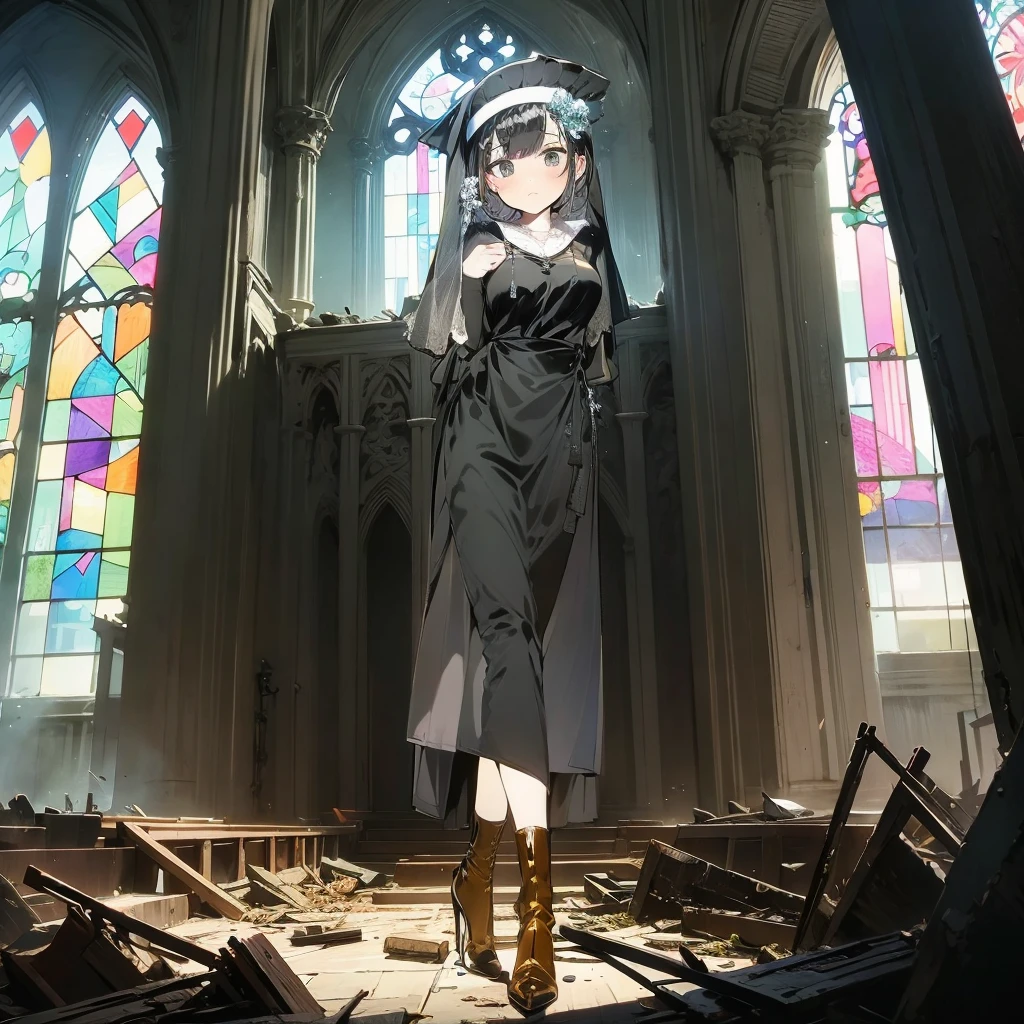 (solo), 1 skinny nun, sheer black nun's robe, large breasts, BREAK, black short hair, long sidelocks, black eyes, BREAK, short torso, skinny waist, skinny long legs, BREAK, old rotten church, devastated ruin, stained glass