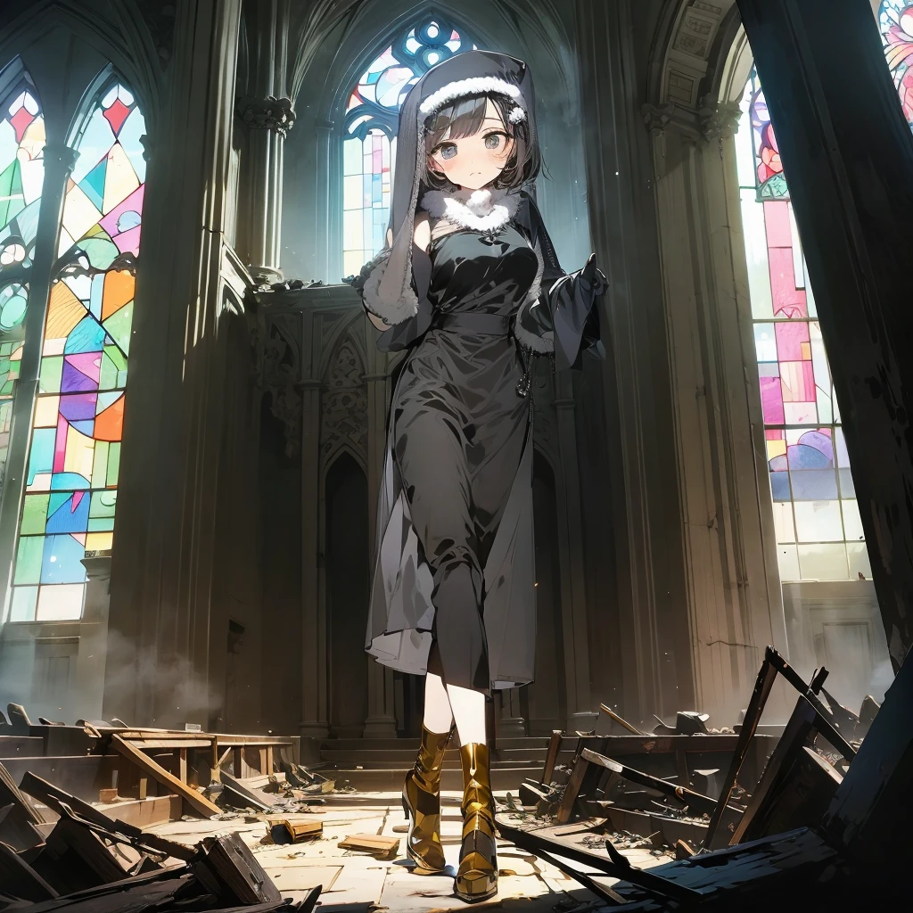 (solo), 1 skinny nun, sheer black nun's robe, large breasts, BREAK, black short hair, long sidelocks, black eyes, BREAK, short torso, skinny waist, skinny long legs, BREAK, old rotten church, devastated ruin, stained glass