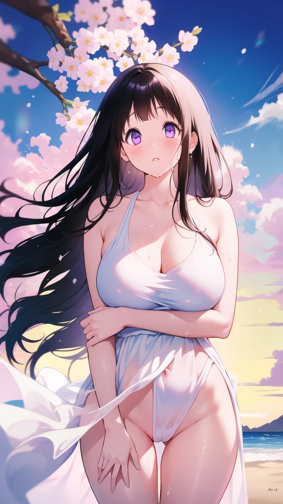 Amazing Chitanda, There is only one beautiful girl，Purple Eyes, Black Hair, Very red face，Very white skin，Glowing skin，Skin as delicate as porcelain，Naturally straight hair, Straight bangs，Extremely refined，Open lips，Long flowing hair，Beautiful Girl, Like a dream，Slim，Slim waist，Soft, (Sensual), (Kawaii), Dream quality，Beautiful big breasts，White transparent loose dress，Areola，Completely naked，Lower edge of breast，White gloves，Flower decoration，Deep V neckline，Loose neckline，Wide neckline，In school，The wind blows the hair，Place your hands on your inner thighs，Thighs clamp hands，Wet skin，Sweaty and sweaty，Sweating all over，On the snow，Back to，Hips，Side body，Gluteal groove，Completely naked的臀部，Bare back，Completely naked的背部，Light transmission，（no pants），nopan，pussy juice，Bare shoulders，There are no shoulder straps，Bare neck，Exposed collarbone，Exposing breasts，Exposing breasts侧面，Exposing breasts下面，Show your waist，Show your buttocks，Show your thighs，Exposing the groin，（No pants），extremely shy，Ultra-high resolution, (masterpiece:1.2, best quality), (Delicate and beautiful eyes: 1.2), (Beautiful and delicate face)