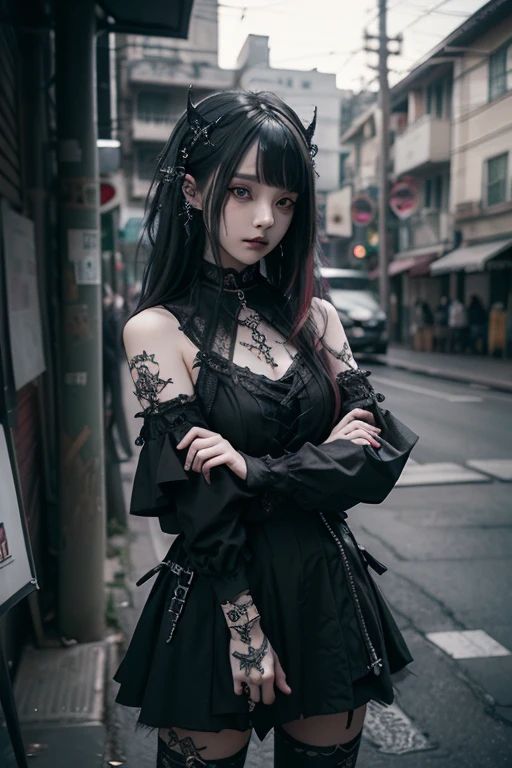 (Photorealistic:1.4, Tabletop:1..3, 8k), （masterpiece, Ultra-high resolution, Highest quality、8k、masterpiece：1.3）、Gothic Punk、Full Body Shot、（Red Eyes）、The inside color is red、Black-haired、hair ornaments、Beautiful girl、creative、Dark Fantasy Style、Neogoth、Goth Fashion：1.2、（Look straight into the camera：1,5）、The background is the library、((Highly detailed skin and facial textures:1.3, Ultra detailed face, Detailed arms, Beautiful attention to detail)),Mr.々poses shooting photos