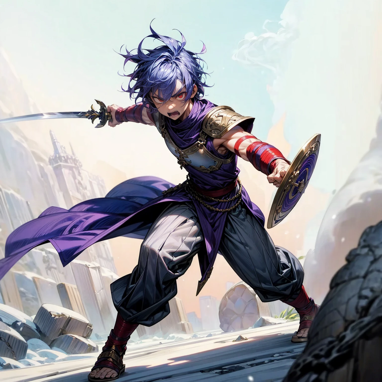 Boy, muscle, Full background in snow Castle, red eyes, angry, angry eyes, short Curly hairstyle, purple colour hair, motion blur, lighting, gold armor, sword in hand, Shield in hand,sandals, ancient Greek clothing, smoke effect, angry, angry eyes