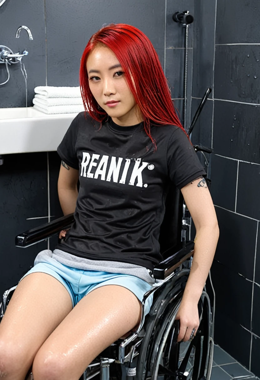 Uhd, photo of Cami, subject: Noriko, 1/2 Japanese 1/2 Hainu skinny girl in 2/00 a large wheelchair with ((wet long red hair and head resting on a Hairdressing Sink)), shampoo foam on hair, blue+++ eyes, oval face, LGBTQIA+, queer, punk style, wearing grey tracksuit treasures and black t-shirt, tattooes. Background: black walls of hairdressers' studio.