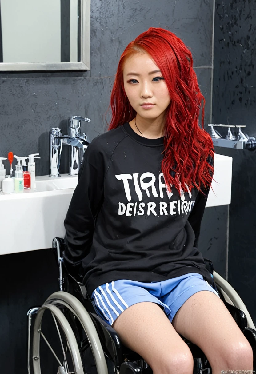 Uhd, photo of Cami, subject: Noriko, 1/2 Japanese 1/2 Hainu skinny girl in 2/00 a large wheelchair with wet long red hair and head resting on a Hairdressing Sink, shampoo foam, blue+++ eyes, oval face, LGBTQIA+, queer, punk style, wearing grey tracksuit treasures and black t-shirt, tattooes. Background: black hairdressers' studio.