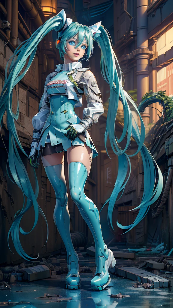 (The best quality,A high resolution,Ultra - detailed,actual), Miku Hatsune, ,(Ruined alley Tokyo cyberpunk dungeon ruins background :1.4 ), big breasts, dynamic pose , (green hair twin tails) ,(short white mini skirt:1.4), very long hair) , Put your arms behind your back, (Beautiful blue eyes:1.4) , relaxed face, eyebrow hair, shiny hair,,(Ruined dungeon ruins background:1.4 ), shiny skin, a slight smile, Racing Miku, black body, short jacket, White jacket, long sleeve, two tone gloves, thigh high boots,,(Ruined dungeon ruins background nublado lluvia :1.4 ),(masterpiece: 1.4), (8k, realist, raw photo, The best quality: 1.4),(Miku Hatsune:1.4), (Miku Hatsune V2.1), (Face details: 1.5, (beautiful blue eyes :1.4) , (beautiful face, thin lips: 1.5) , delgado, pale and sharp eyebrows, long, dark eyelashes, double eyelashes),perfect hands: 1.5, (Kinematics V2.1),( dynamic pose), (Perfect anatomy), (detailed face :1.4), (not mutations) 