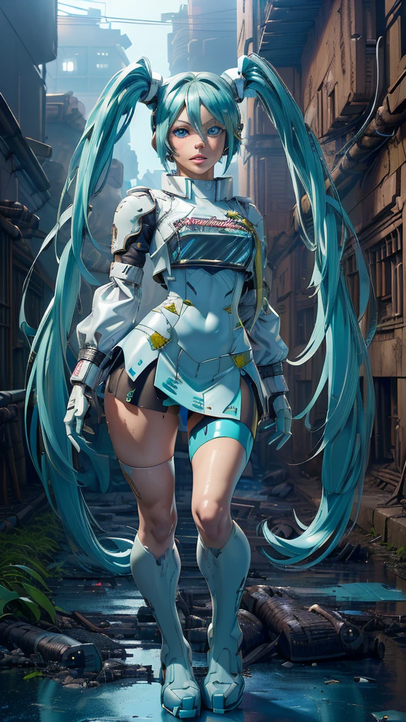 (The best quality,A high resolution,Ultra - detailed,actual), Miku Hatsune, ,(Ruined alley Tokyo cyberpunk dungeon ruins background :1.4 ), big breasts, dynamic pose , (green hair twin tails) ,(short white mini skirt:1.4), very long hair) , Put your arms behind your back, (Beautiful blue eyes:1.4) , relaxed face, eyebrow hair, shiny hair,,(Ruined dungeon ruins background:1.4 ), shiny skin, a slight smile, Racing Miku, black body, short jacket, White jacket, long sleeve, two tone gloves, thigh high boots,,(Ruined dungeon ruins background nublado lluvia :1.4 ),(masterpiece: 1.4), (8k, realist, raw photo, The best quality: 1.4),(Miku Hatsune:1.4), (Miku Hatsune V2.1), (Face details: 1.5, (beautiful blue eyes :1.4) , (beautiful face, thin lips: 1.5) , delgado, pale and sharp eyebrows, long, dark eyelashes, double eyelashes),perfect hands: 1.5, (Kinematics V2.1),( dynamic pose), (Perfect anatomy), (detailed face :1.4), (not mutations)