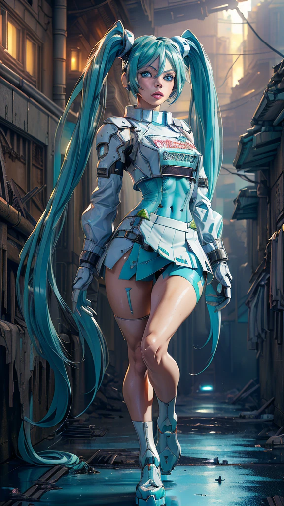 (The best quality,A high resolution,Ultra - detailed,actual), Miku Hatsune, ,(Ruined alley Tokyo cyberpunk dungeon ruins background :1.4 ), big breasts, dynamic pose , (green hair twin tails) ,(short white mini skirt:1.4), very long hair) , Put your arms behind your back, (Beautiful blue eyes:1.4) , relaxed face, eyebrow hair, shiny hair,,(Ruined dungeon ruins background:1.4 ), shiny skin, a slight smile, Racing Miku, black body, short jacket, White jacket, long sleeve, two tone gloves, thigh high boots,,(Ruined dungeon ruins background nublado lluvia :1.4 ),(masterpiece: 1.4), (8k, realist, raw photo, The best quality: 1.4),(Miku Hatsune:1.4), (Miku Hatsune V2.1), (Face details: 1.5, (beautiful blue eyes :1.4) , (beautiful face, thin lips: 1.5) , delgado, pale and sharp eyebrows, long, dark eyelashes, double eyelashes),perfect hands: 1.5, (Kinematics V2.1),( dynamic pose), (Perfect anatomy), (detailed face :1.4), (not mutations) 