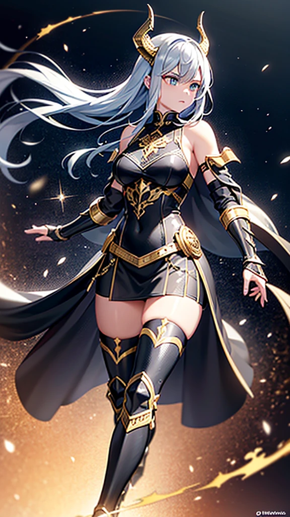 greeneyes, and black hair, the archer, wears black armor made of dragon scales, with gold and silver details. The breastplate has an emblem of a black flame intertwined with a ray of golden light.. The imposing shoulder pads resemble dragon wings, adorned with shining gems. Leather bracers reinforced with scales and glowing runes run down the arms. Black leather gloves with silver metal reinforced fingers and rune markings on the palms. The skirt is made of leather reinforced with scales, with greaves carved in silver and gold on his legs. Sturdy boots reinforced with dragon scale plates and small retractable heel blades. Helmet adorned with dragon horns and gold details, with display decorated with glowing runes. She wears a long black cloth cape lined with dragon scales.. His bow shines with a golden glow and has dragon horn ornaments on the ends., with a magic rope
