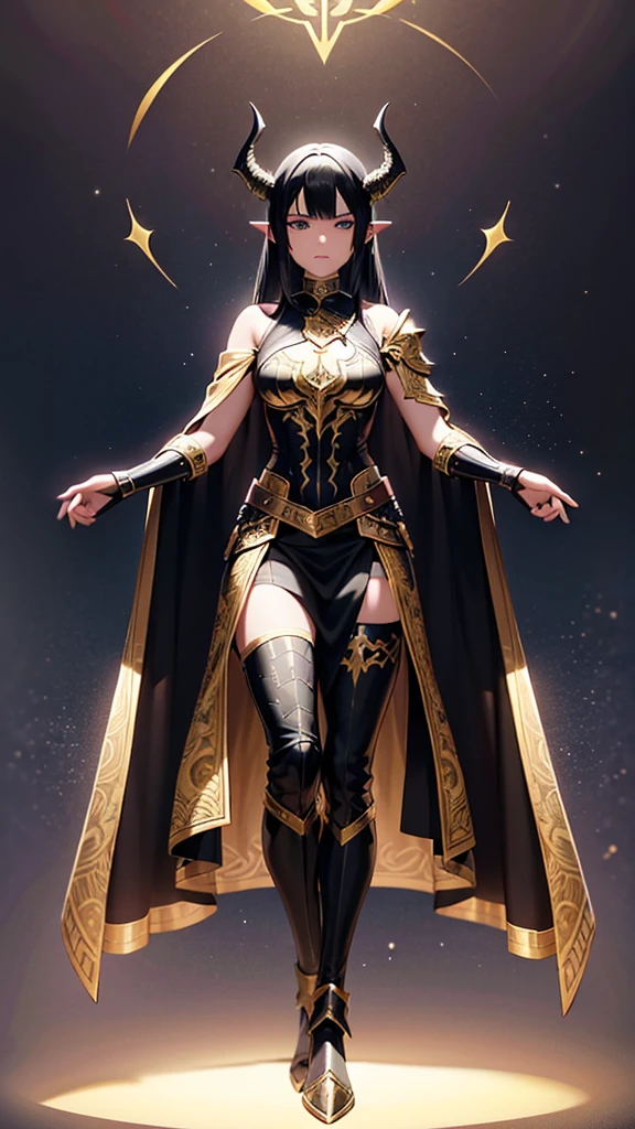 greeneyes, and black hair, the archer, wears black armor made of dragon scales, with gold and silver details. The breastplate has an emblem of a black flame intertwined with a ray of golden light.. The imposing shoulder pads resemble dragon wings, adorned with shining gems. Leather bracers reinforced with scales and glowing runes run down the arms. Black leather gloves with silver metal reinforced fingers and rune markings on the palms. The skirt is made of leather reinforced with scales, with greaves carved in silver and gold on his legs. Sturdy boots reinforced with dragon scale plates and small retractable heel blades. Helmet adorned with dragon horns and gold details, with display decorated with glowing runes. She wears a long black cloth cape lined with dragon scales.. His bow shines with a golden glow and has dragon horn ornaments on the ends., with a magic rope