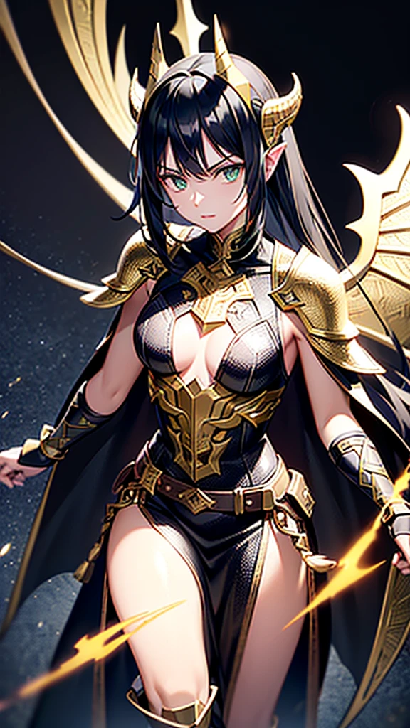 greeneyes, and black hair, the archer, wears black armor made of dragon scales, with gold and silver details. The breastplate has an emblem of a black flame intertwined with a ray of golden light.. The imposing shoulder pads resemble dragon wings, adorned with shining gems. Leather bracers reinforced with scales and glowing runes run down the arms. Black leather gloves with silver metal reinforced fingers and rune markings on the palms. The skirt is made of leather reinforced with scales, with greaves carved in silver and gold on his legs. Sturdy boots reinforced with dragon scale plates and small retractable heel blades. Helmet adorned with dragon horns and gold details, with display decorated with glowing runes. She wears a long black cloth cape lined with dragon scales.. His bow shines with a golden glow and has dragon horn ornaments on the ends., with a magic rope