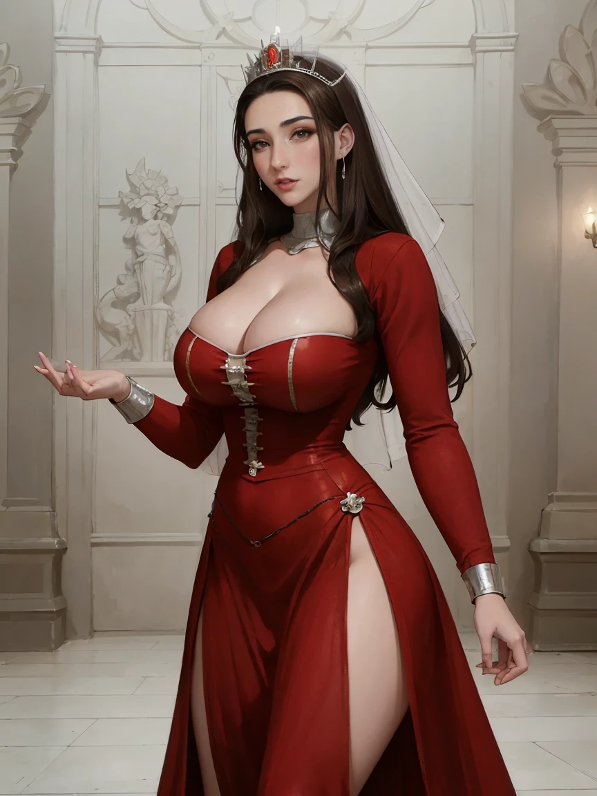 Gorgeous and sultry busty athletic (thin) brunette queen with sharp facial features wearing a dark red medieval dress, long sleeves, wide neck, crown, veil, long dress, modest dress, tight bodice, silver waist chain, medieval jewelry, Middle Ages, castle, rampart, wall, stained glass