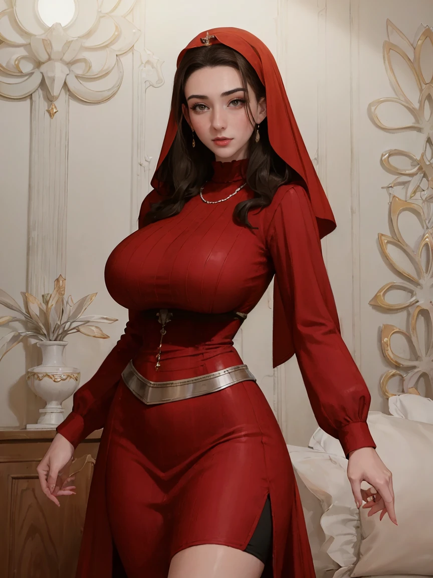 Gorgeous and sultry busty athletic (thin) brunette queen with sharp facial features wearing a dark red medieval dress, long sleeves, wide neck, crown, veil, long dress, modest dress, tight bodice, silver waist chain, medieval jewelry, Middle Ages, castle, rampart, wall, stained glass