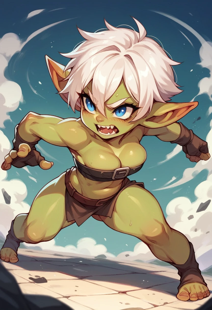 A girl with short white hair, hot girl with blue eyes fighting with a goblin almost naked