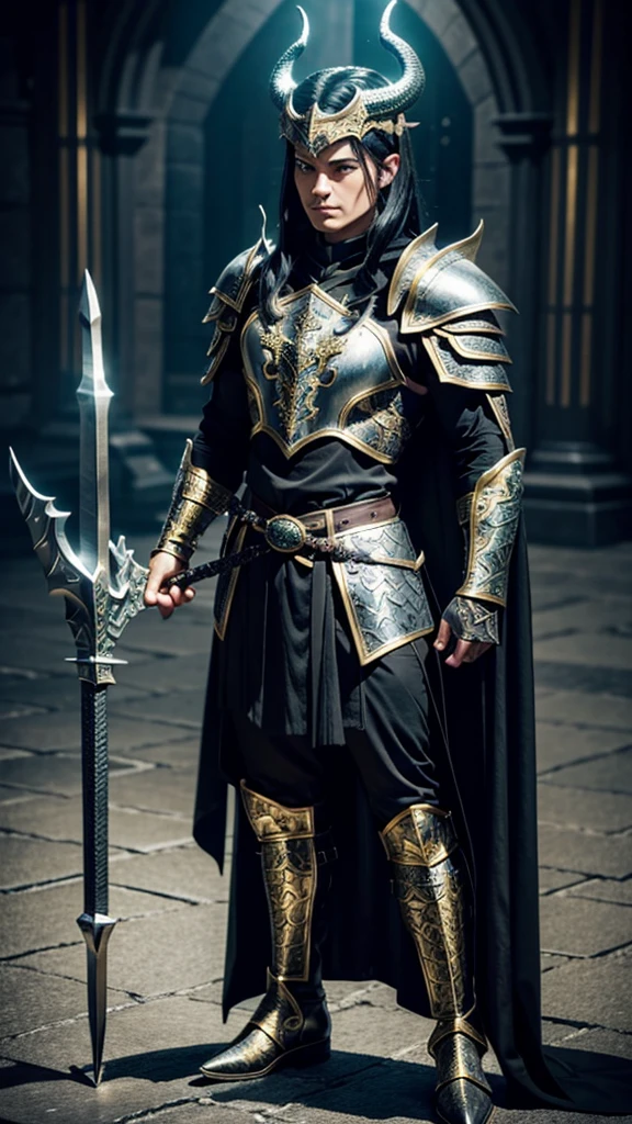 greeneyes, and black hair, the archer, wears black armor made of dragon scales, with gold and silver details. The breastplate has an emblem of a black flame intertwined with a ray of golden light.. The imposing shoulder pads resemble dragon wings, adorned with shining gems. Leather bracers reinforced with scales and glowing runes run down the arms. Black leather gloves with silver metal reinforced fingers and rune markings on the palms. The skirt is made of leather reinforced with scales, with greaves carved in silver and gold on his legs. Sturdy boots reinforced with dragon scale plates and small retractable heel blades. Helmet adorned with dragon horns and gold details, with display decorated with glowing runes. She wears a long black cloth cape lined with dragon scales.. His bow shines with a golden glow and has dragon horn ornaments on the ends., with a magic rope