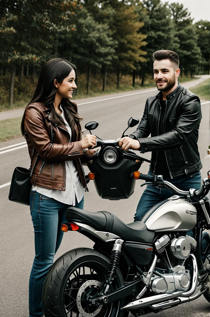 A motorcycle next to a couple