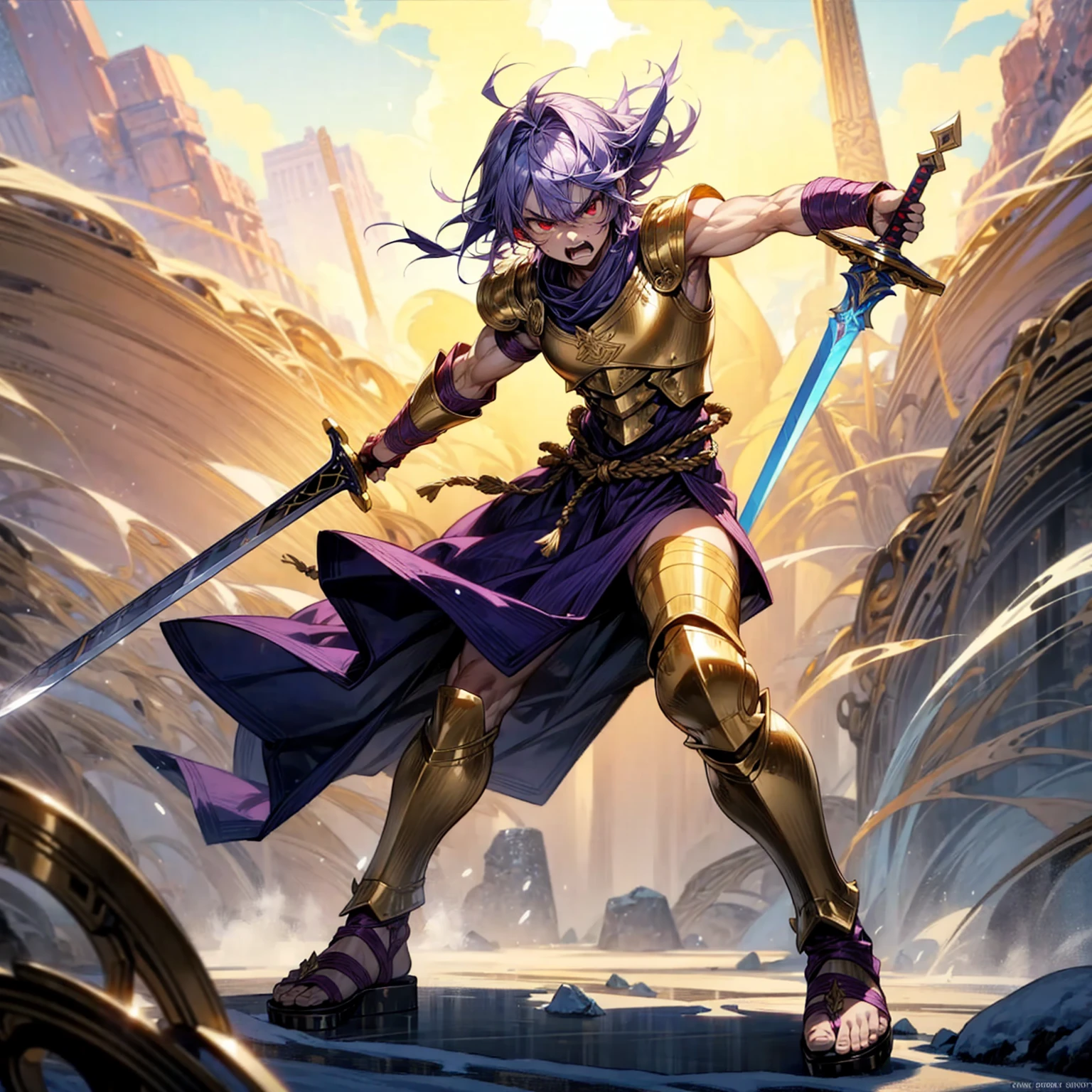 boy, big muscle, Full background in snow Castle, red eyes, angry, angry eyes, short Curly hairstyle, purple colour hair, motion blur, lighting, gold armor, two sword in two hand, sandals, ancient Greek clothing, smoke effect, fire effect, blood on sword, lighting on sword, angry, angry eyes 