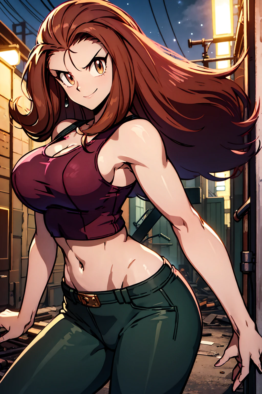 ((Masterpiece)), ((best quality)), very detailed, Detailed background, 1 woman, wavy brown hair, conjunctivitis, sly face , smile , tank top, pink panties , abdomen, big breasts , Long legs , stand on your hips , abandoned factory, at night