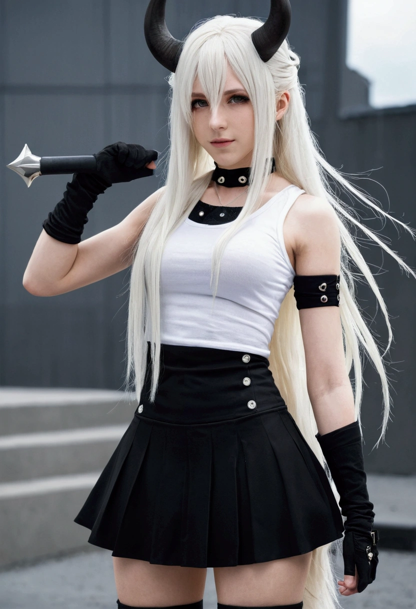 Anime best quality White girl, LONG white hair, black tank top, Black Skirt, black high boots, black armbands , black horns