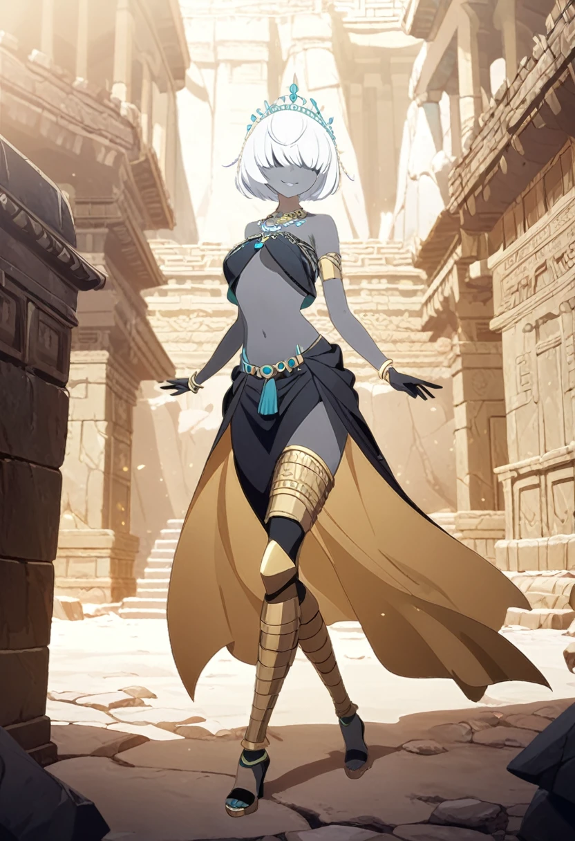 1girl, gold rings, jewelry, necklacke, white hair, very short hair, hair over eyes, grey skin, aqua eyes, black tribal clothing, sleeveless, navel, yellow veil around the arms, turquoise tiara, tribal tiara, smile, ancient temple, prosthetic legs, (masterpiece), best quality, anime style, fullbody