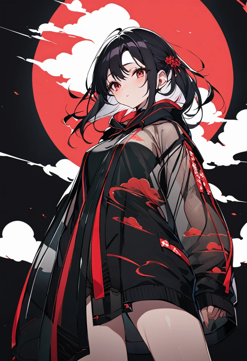 Red Cloud,Girl with red cloud motif,sexy,Accentuated body lines,Pitch black background,Ultra see-through Japanese style hoodie,(A body line where clothes are visible),See-through inner,Angle from below,