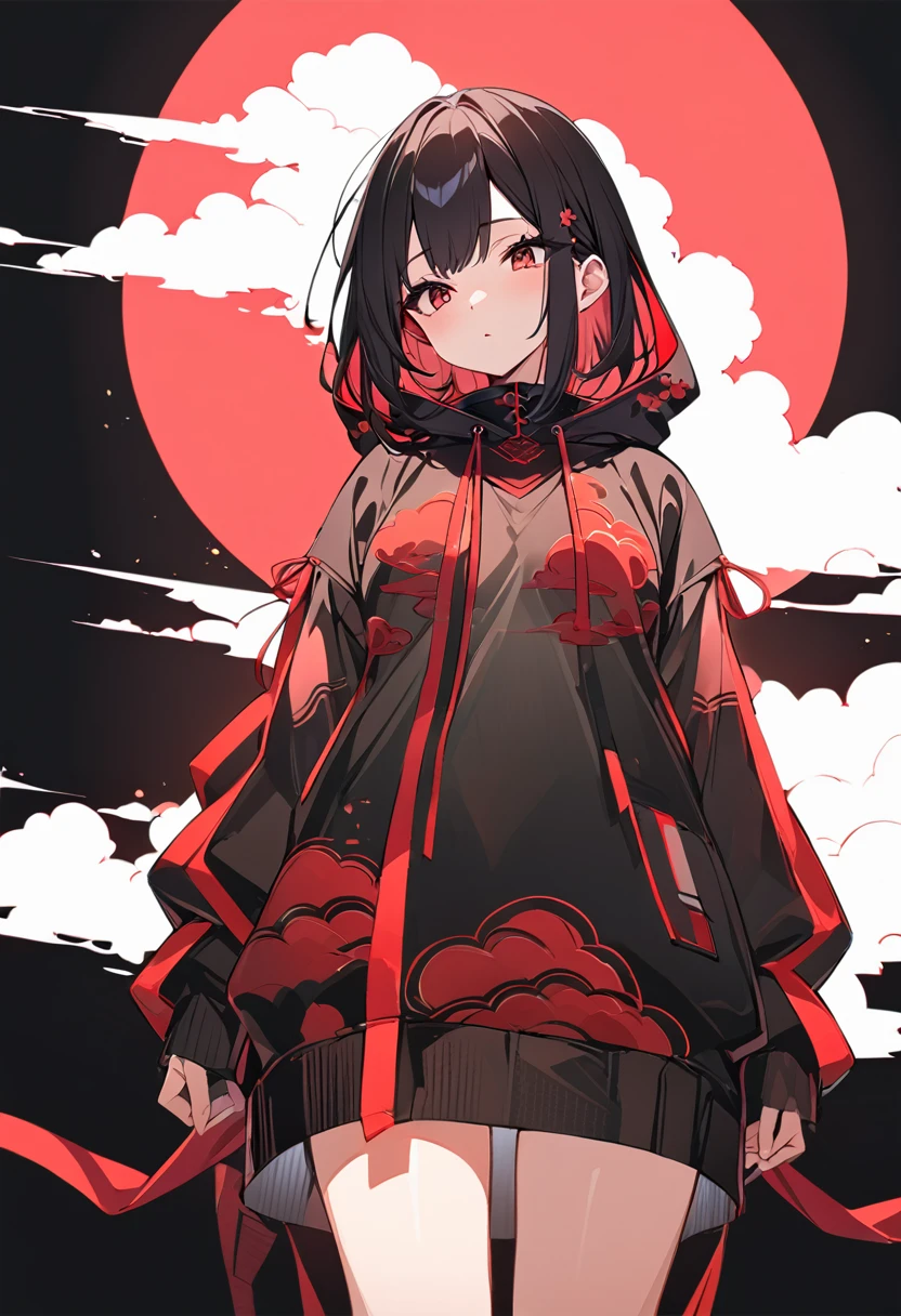 Red Cloud,Girl with red cloud motif,sexy,Accentuated body lines,Pitch black background,Ultra see-through Japanese style hoodie,（A body line where clothes are visible）,See-through inner,Angle from below,