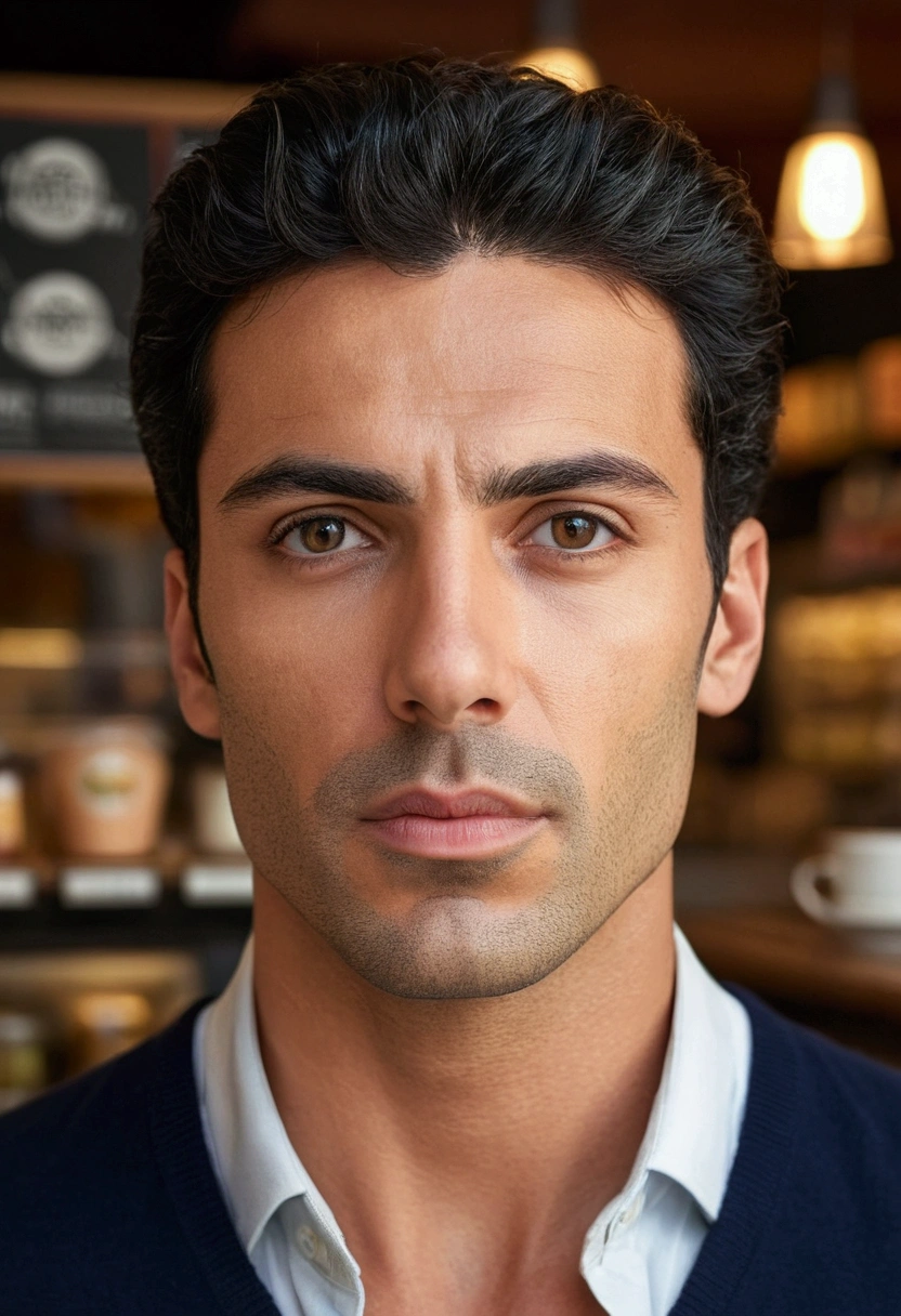 (front view) very detailed  photograph of a italian man, detailed coffee shop background, (with black hair), (dark eyes) (symmetric handsome face) nice and well defined nose, (well marked and angular jaw), proportioned and full lips, stunning realistic photography, realistic soft color, octane render, intricately detailed, sharp focus, stunning full color, shot on DSLR camera, 32k resolution, best quality, (focus on skin texture), a full body image shot, showing his abs, no body hair , no facial hair