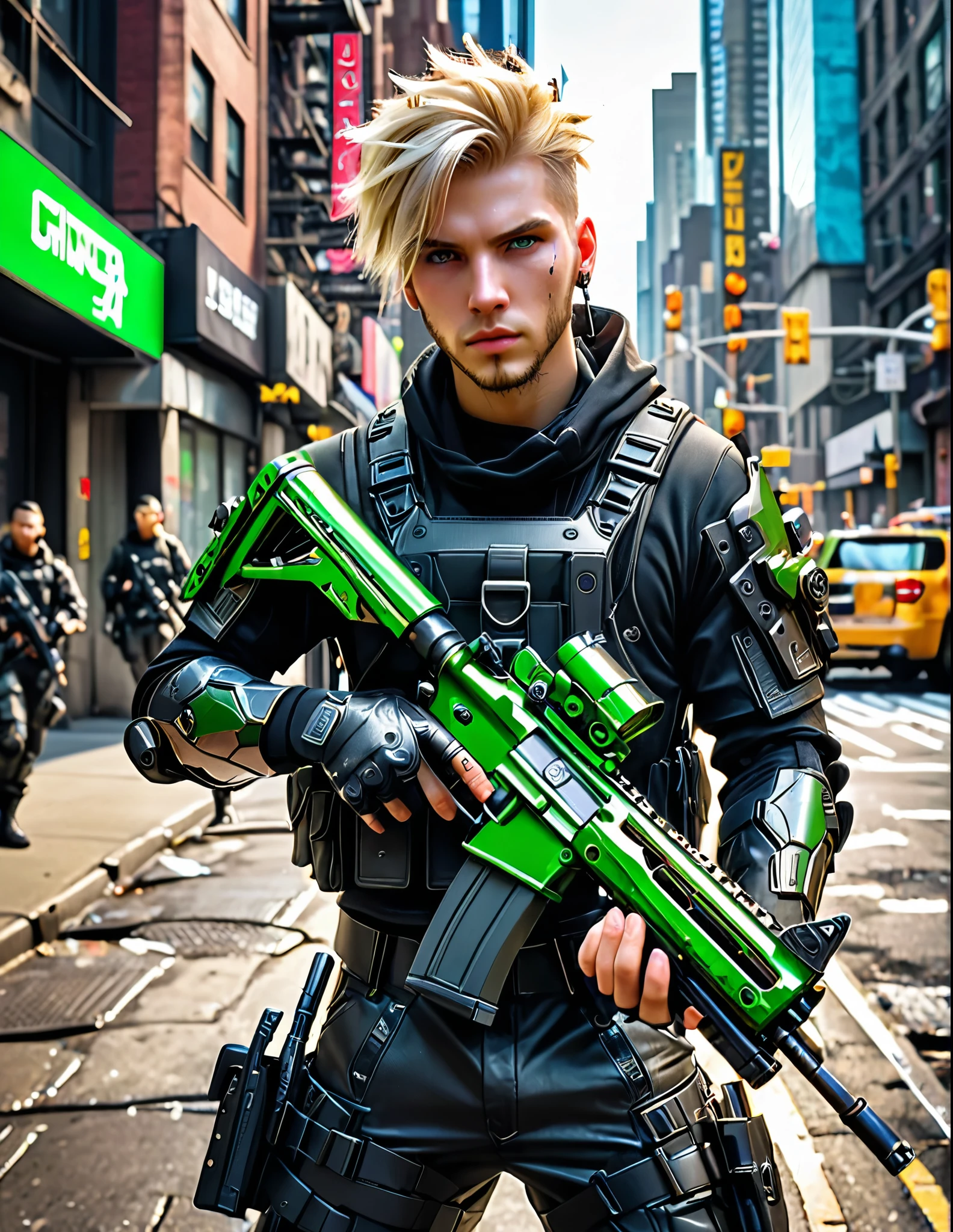 blond-haired man in military uniform holding an m4 carbine on a new york city street, cyberpunk street goon, hyper-realistic cyberpunk style, jetstream sam from metal gear, techwear look and clothes, cyberpunk streetwear, cyberpunk soldier, young blonde boy fantasy thief, soldier outfit, wearing techwear and armor, wearing japanese techwear, soldier 7 6 from overwatch, wearing cyberpunk streetwear, green eyes