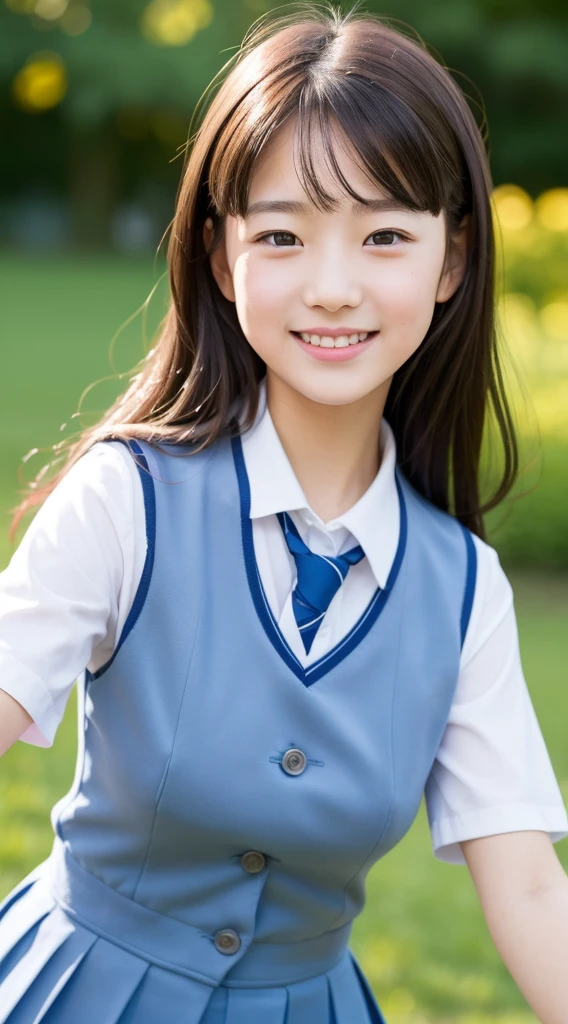 Cute beautiful girl，JK school uniform，Delicate facial features，Look at me and smile，Natural posture，bust，Simple background，Amber hue，Leica style，masterpiece，high quality，4K resolution，Super Fine，detailed，precise，light， Perspective