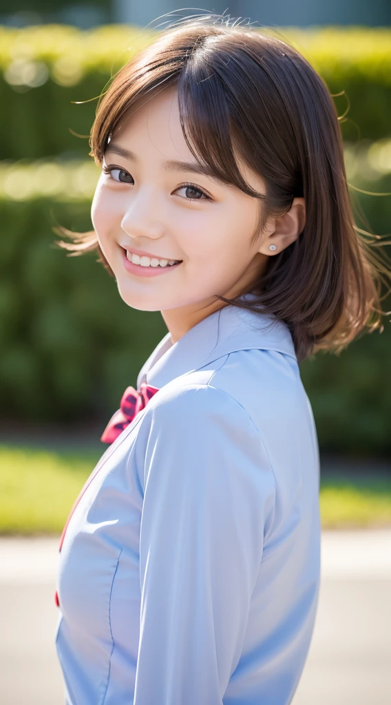 Cute beautiful girl，JK school uniform，Delicate facial features，Look at me and smile，Natural posture，bust，Simple background，Amber hue，Leica style，masterpiece，high quality，4K resolution，Super Fine，detailed，precise，light， Perspective