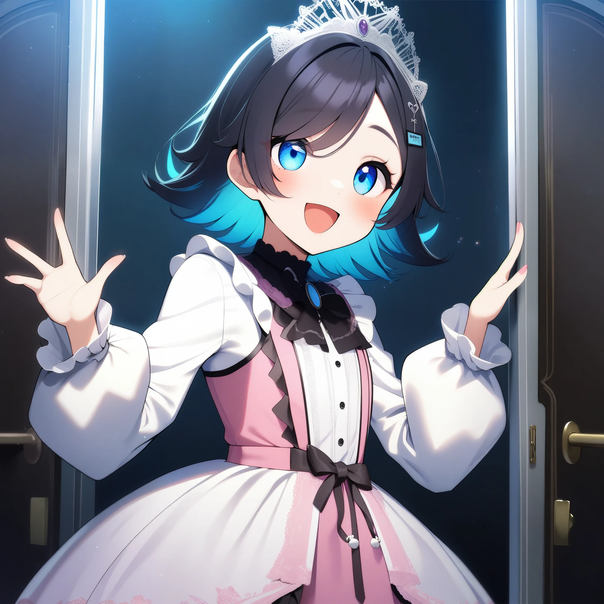 1 girl, venDiDo, absurDos, official art, absurDos, VSPO!, Tsumugi Kokage, ;D, contra la cuarta pareD, contra viDrio, blue eyes, For the blue, flequillo contunDente, prensa De mejillas, escritura De viDrio, long sleeves, miranDo al espectaDor, un ojo cerraDo, smile, Alone, Parte superior Del cuerpo, Youtuber virtual, ((very aesthetic, mejor caliDaD, ultra DetallaDo)), classification:safe,
