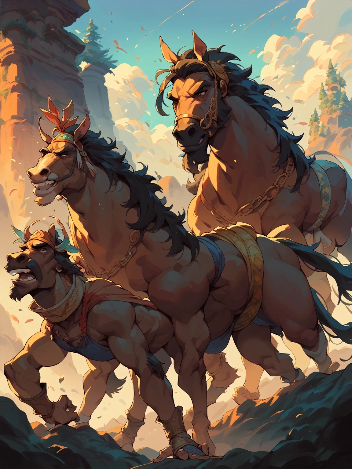 Create a fantasy world where there are 3 types of kingdoms, one with mountains and forests, another volcanic with deserts and others with islands and tropical beauties all on the same continent (Ao fundo) In front 2 handsome young warrior men with their guerreand horses among themselves