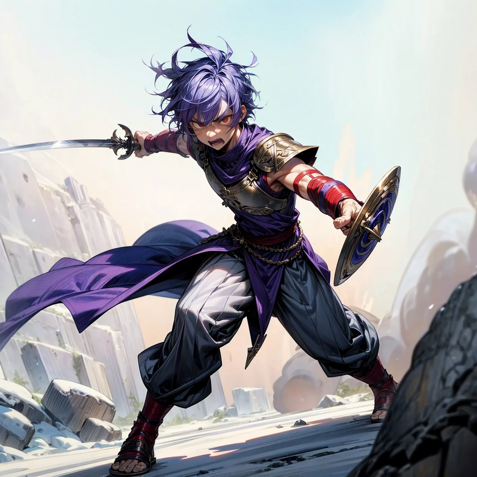 Boy, muscle, Full background in snow Castle, red eyes, angry, angry eyes, short Curly hairstyle, purple colour hair, motion blur, lighting, gold armor, sword in hand, Shield in hand,sandals, ancient Greek clothing, smoke effect, angry, angry eyes