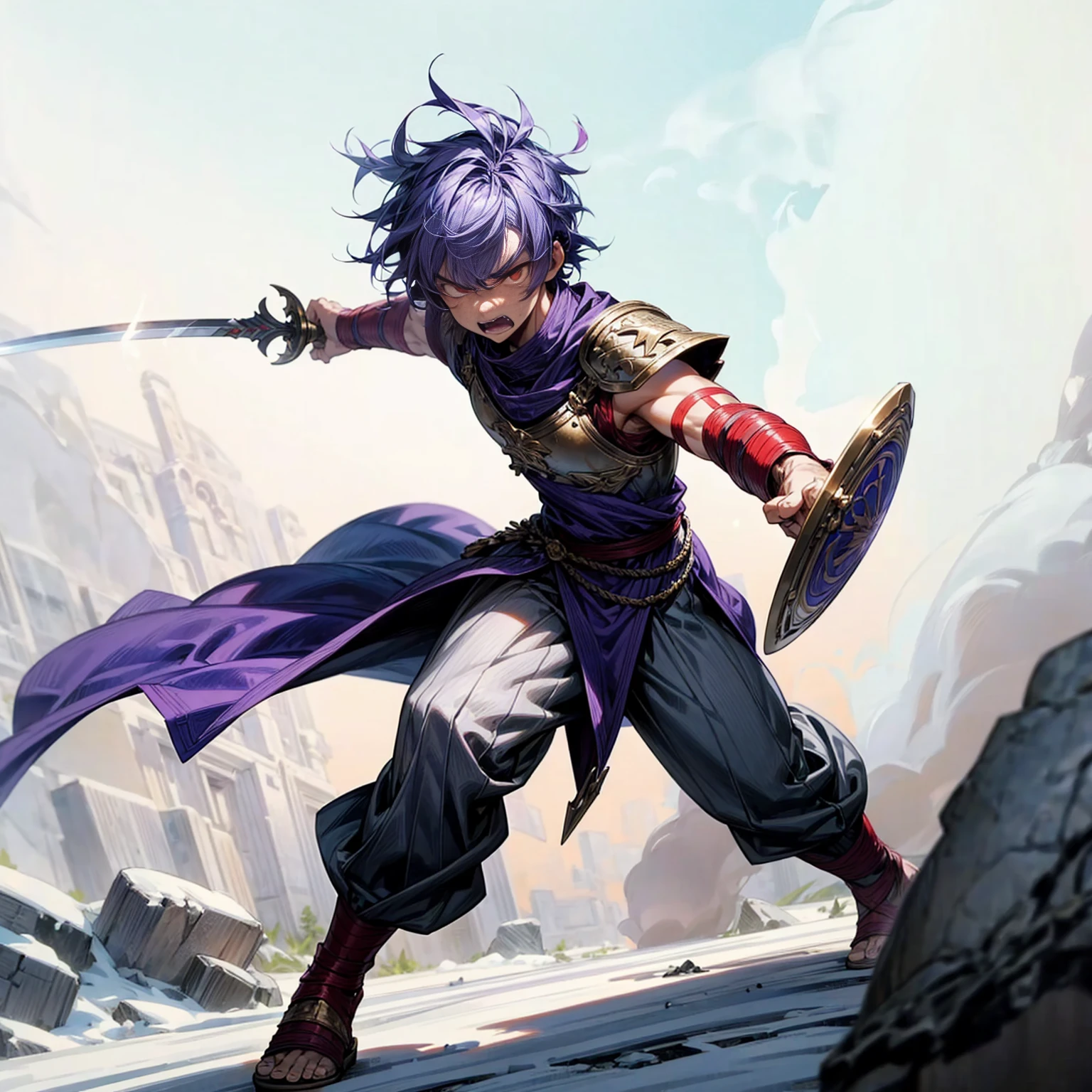 Boy, muscle, Full background in snow Castle, red eyes, angry, angry eyes, short Curly hairstyle, purple colour hair, motion blur, lighting, gold armor, sword in hand, Shield in hand,sandals, ancient Greek clothing, smoke effect, angry, angry eyes