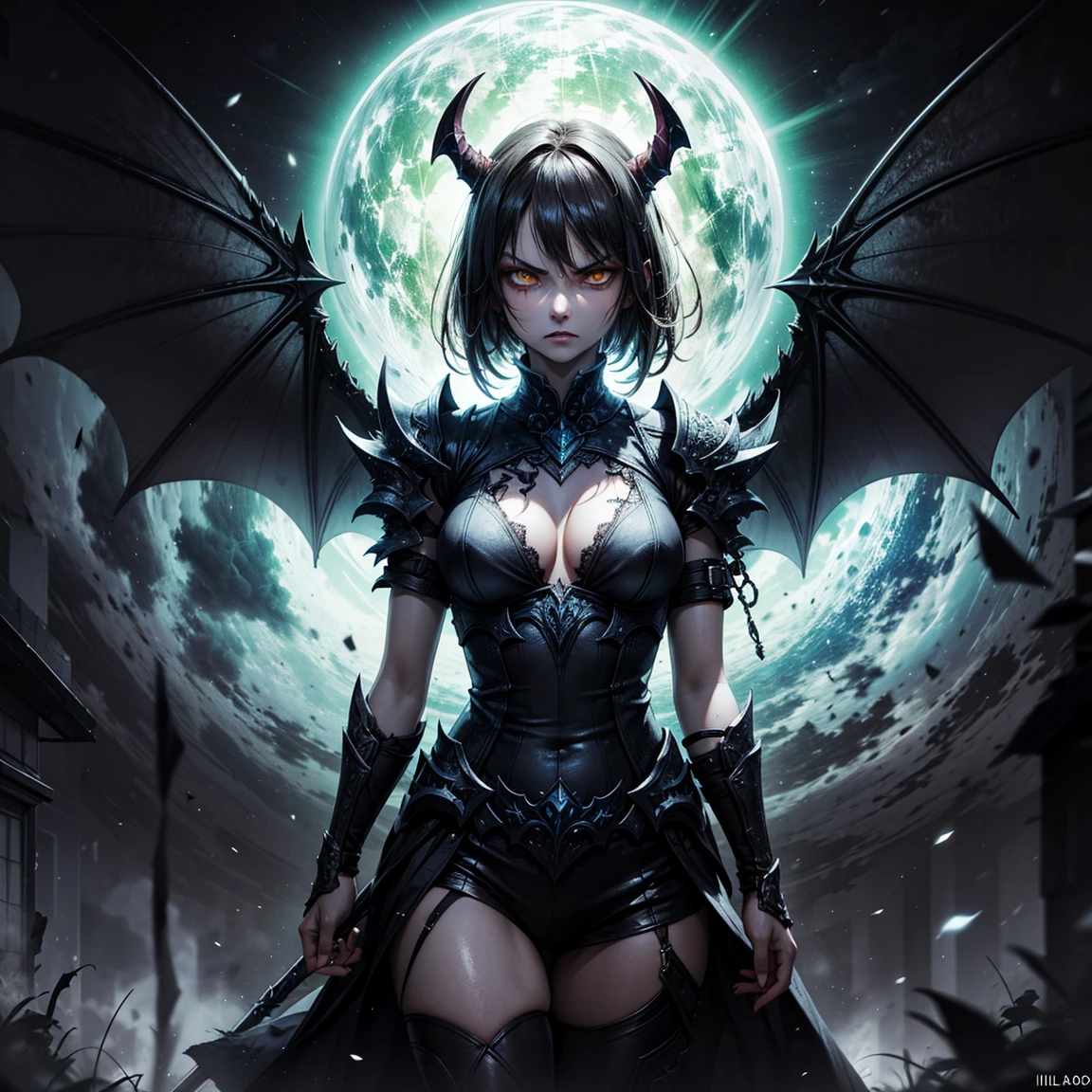 (High Detail:1.2) Anime Girl, (Best quality, Detailed), (dark and angry, gravelly:1.3, dark:1.2), 1girl, (solo), ILLIDAN, World of Warcraft, (Demonic wings, pointed horns:1.3, dark black skin), two blades of Azzinoth, short bob hair, black hair, yellow eyes, sinister, intense look, background dark, Volumetric light, hyper realistic, super detailed, Dynamic pose