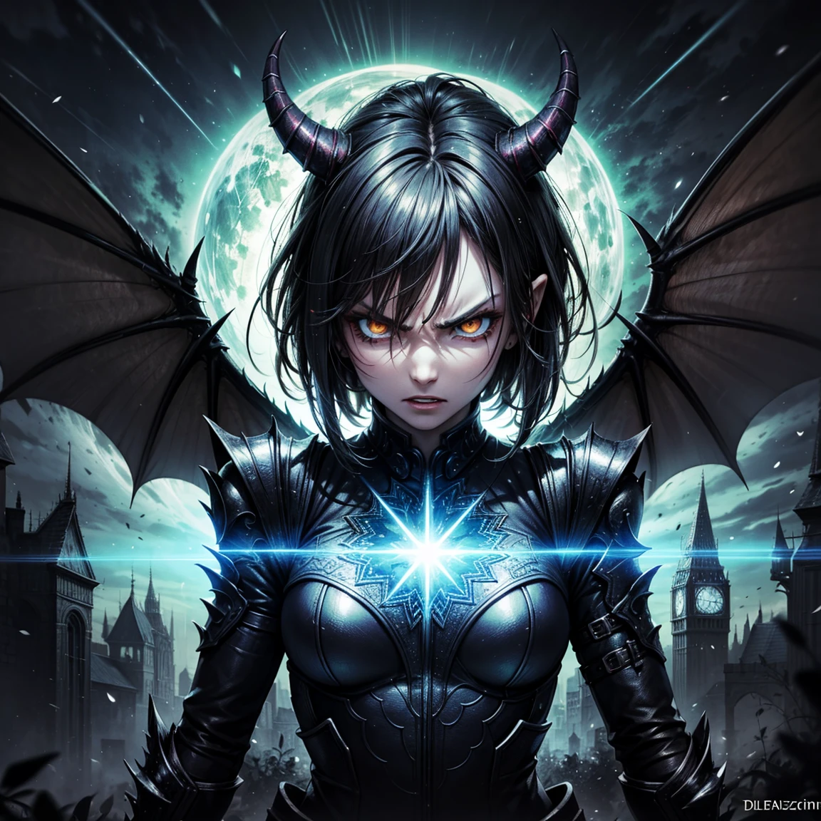 (High Detail:1.2) Anime Girl, (Best quality, Detailed), (dark and angry, gravelly:1.3, dark:1.2), 1girl, (solo), ILLIDAN, World of Warcraft, (Demonic wings, pointed horns:1.3, dark black skin), two blades of Azzinoth, short bob hair, black hair, yellow eyes, sinister, intense look, background dark, Volumetric light, hyper realistic, super detailed, Dynamic pose