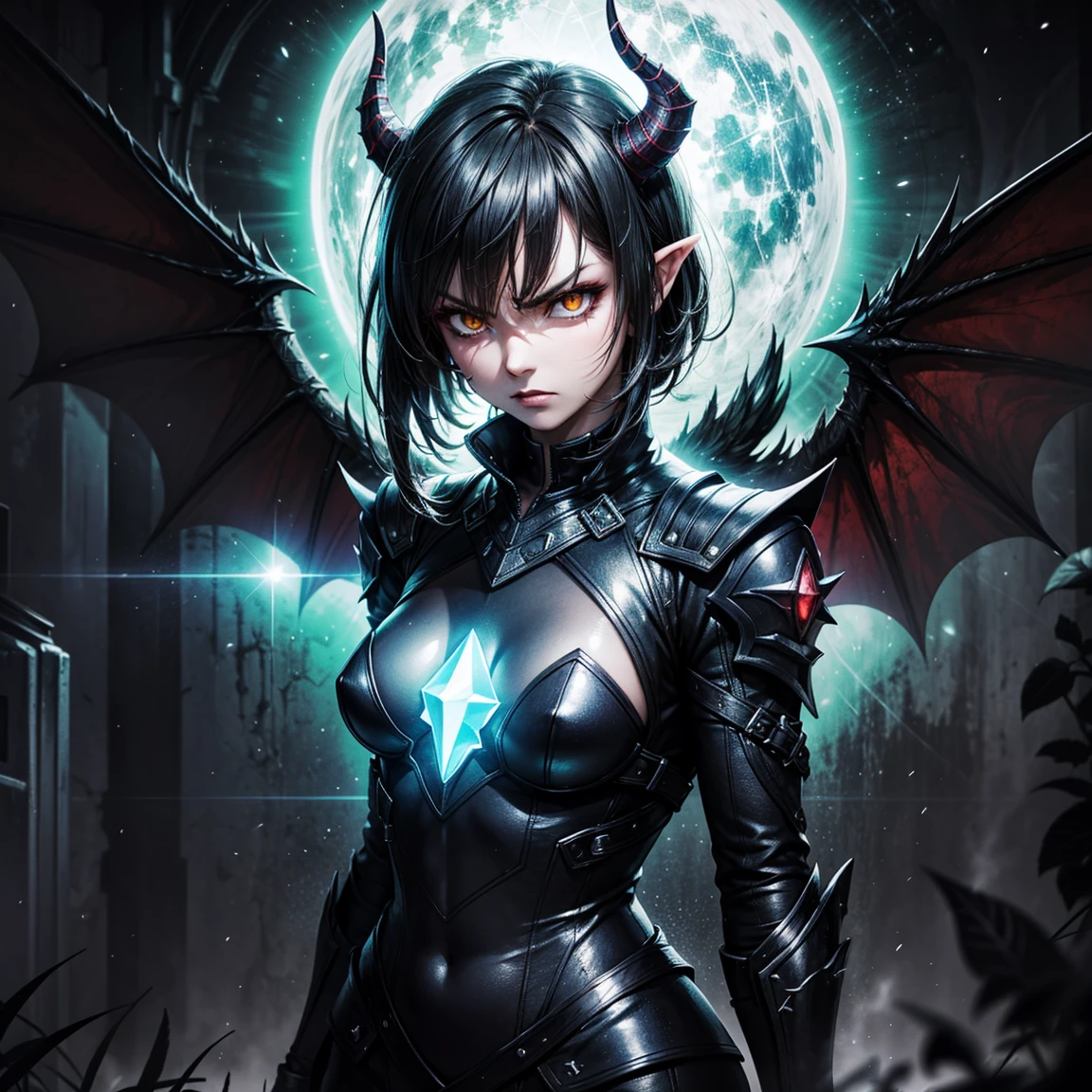 (High Detail:1.2) Anime Girl, (Best quality, Detailed), (dark and angry, gravelly:1.3, dark:1.2), 1girl, (solo), ILLIDAN, World of Warcraft, (Demonic wings, pointed horns:1.3, dark black skin), two blades of Azzinoth, short bob hair, black hair, yellow eyes, sinister, intense look, background dark, Volumetric light, hyper realistic, super detailed, Dynamic pose
