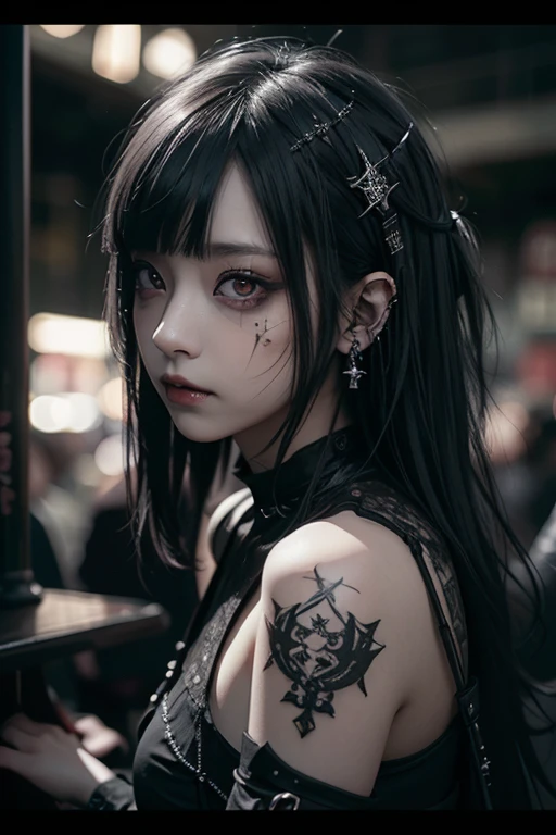 (Photorealistic:1.4, Tabletop:1..3, 8k), (masterpiece, Ultra-high resolution, Highest quality、8k、masterpiece:1.3)、Gothic Punk、Full Body Shot、(Red Eyes)、The inside color is red、Black-haired、hair ornaments、Beautiful girl、creative、Dark Fantasy Style、Neogoth、Goth Fashion:1.2、(Look straight into the camera:1,5)、The background is the library、((Highly detailed skin and facial textures:1.3, Ultra detailed face, Detailed arms, Beautiful attention to detail)),Mr.々poses shooting photos