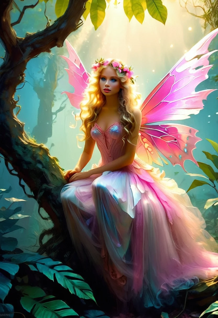 a picture of a jungle fairy, an extraordinary beautiful, elegant beauty, divine beautiful fairy, ((anatomically correct: 1.5)) spread butterfly wings, colorful wings, pink eyes, glowing eyes, ultra detailed face, best detailed face,  blond hair, rich hair, wavy hair, glamour dress, wild dress, dress decorated with jungle flowers,  sitting on massive heliconia tree the rain forest, sun rays coming through the trees, Hyperrealism style, vibrant, Ultra-high resolution, High Contrast, (masterpiece:1.5), highest quality, Best aesthetics), best details, best quality, highres, ultra wide angle, 16k, [ultra detailed], masterpiece, best quality, (extremely detailed) RAW, Cinematic Hollywood Film style, FairyTaleAI, fairy wings,