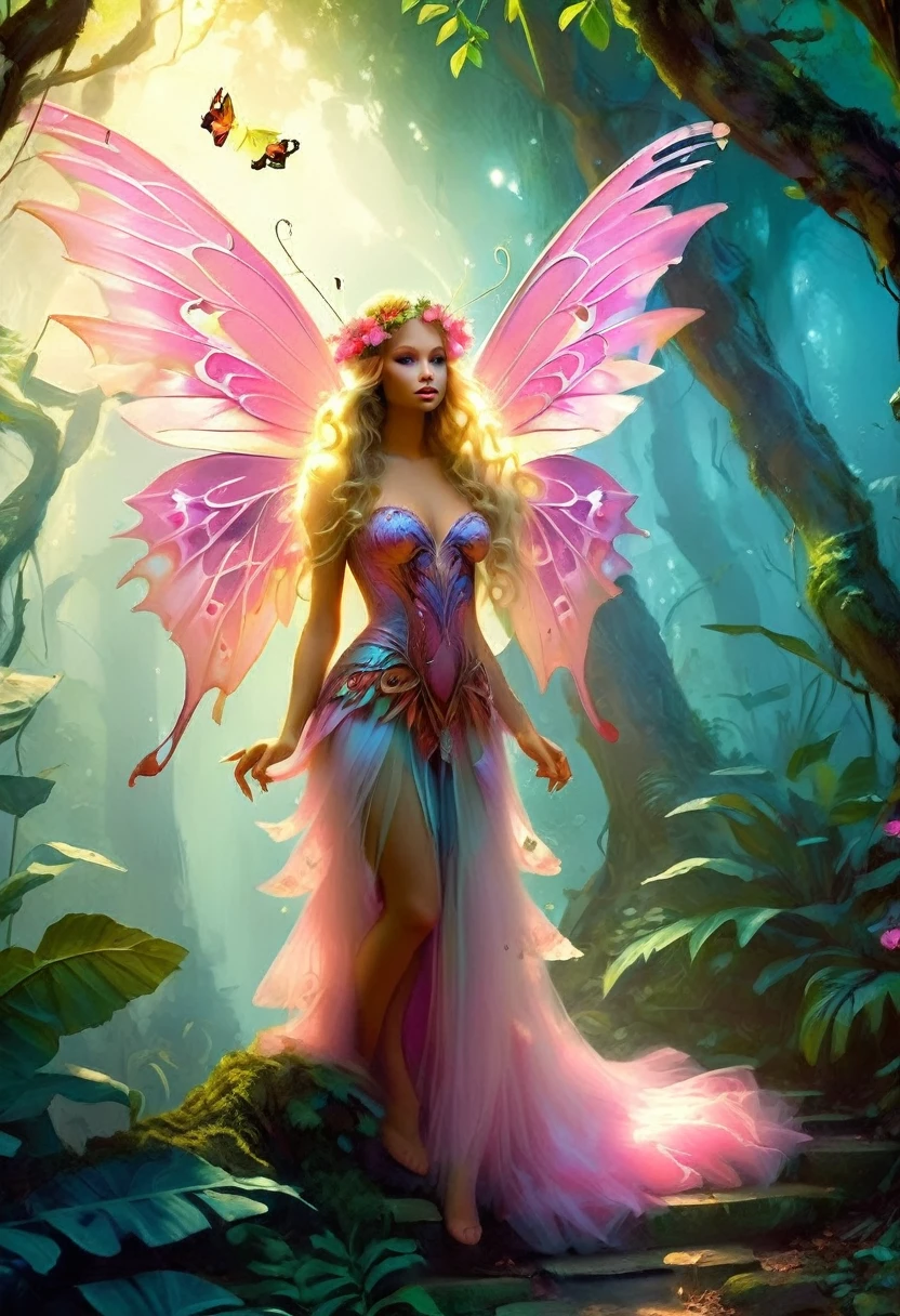 a picture of a jungle fairy, an extraordinary beautiful, elegant beauty, divine beautiful fairy, ((anatomically correct: 1.5)) spread butterfly wings, colorful wings, pink eyes, glowing eyes, ultra detailed face, best detailed face,  blond hair, rich hair, wavy hair, glamour dress, wild dress, dress decorated with jungle flowers,  sitting on massive heliconia tree the rain forest, sun rays coming through the trees, Hyperrealism style, vibrant, Ultra-high resolution, High Contrast, (masterpiece:1.5), highest quality, Best aesthetics), best details, best quality, highres, ultra wide angle, 16k, [ultra detailed], masterpiece, best quality, (extremely detailed) RAW, Cinematic Hollywood Film style, FairyTaleAI, fairy wings,