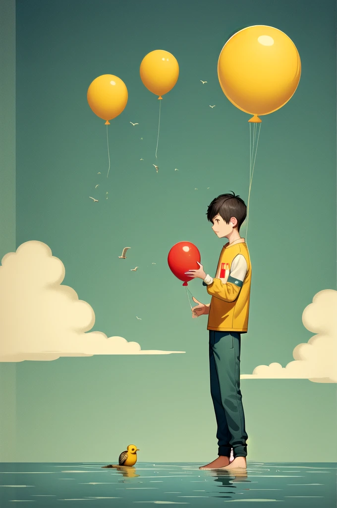 xun,balloon,1boy,male focus,black hair,bird,animal,pants,solo,standing,holding,
