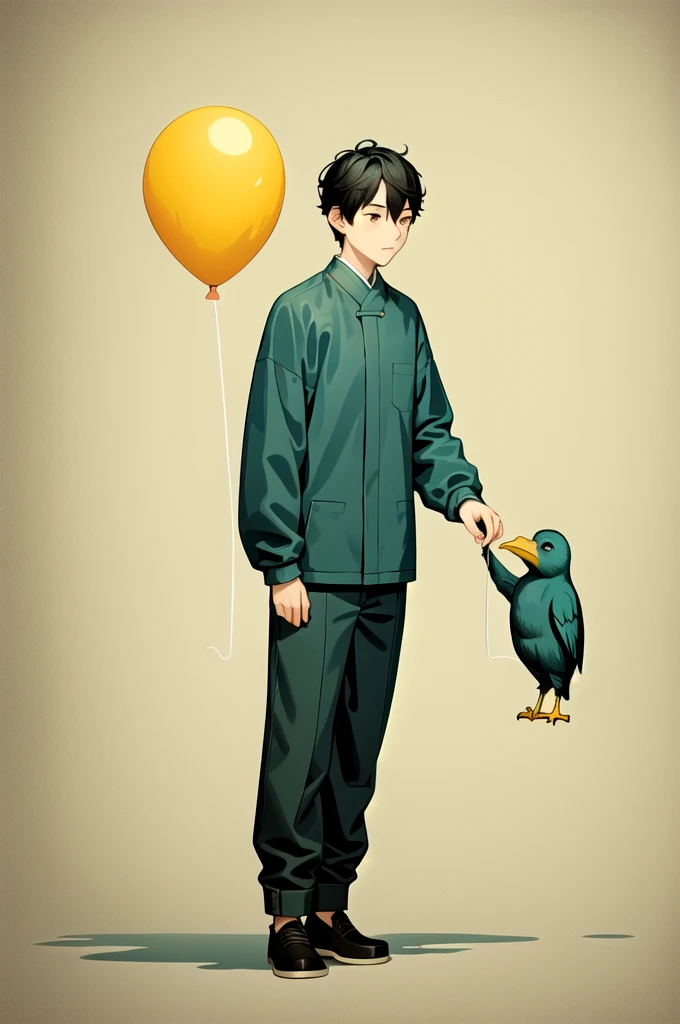 xun,balloon,1boy,male focus,black hair,bird,animal,pants,solo,standing,holding,