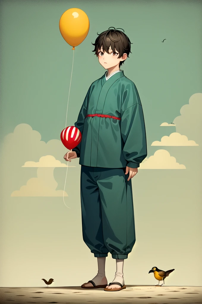 xun,balloon,1boy,male focus,black hair,bird,animal,pants,solo,standing,holding,